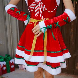 4pcs Women's Candy Cane Sweetheart Bodice Santa Girl Mini Dress Christmas Costume XT19994