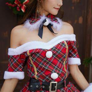 5pcs Women's Sexy Santa Girl Checkered Off-shoulder Mini Dress Christmas Costume XT19993