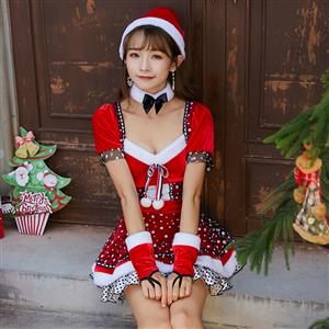 Women's Lovely Santa Girl Puff Sleeve Snow Print Mini Dress Christmas Costume XT19995