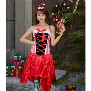 Women's Sexy Santa Girl Strapless Asymmetrical Mini Dress Christmas Costume XT19996