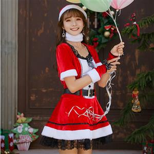 5pcs Classic Red And White Santa Girl Short Sleeve Lace Mini Dress Christmas Costume XT19998