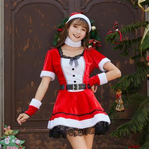 5pcs Classic Red And White Santa Girl Short Sleeve Lace Mini Dress Christmas Costume XT19998