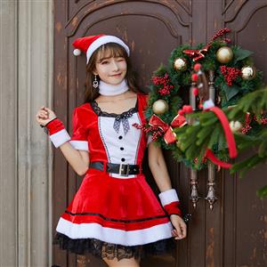 5pcs Classic Red And White Santa Girl Short Sleeve Lace Mini Dress Christmas Costume XT19998