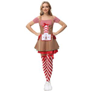 Lovely Santa Girl Red and White Striped Off-shoulder Dress Gingerbread Man Christmas Costume XT21626