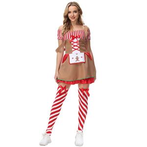 Lovely Santa Girl Red and White Striped Off-shoulder Dress Gingerbread Man Christmas Costume XT21626