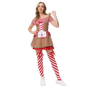 Lovely Santa Girl Red and White Striped Off-shoulder Dress Gingerbread Man Christmas Costume XT21626