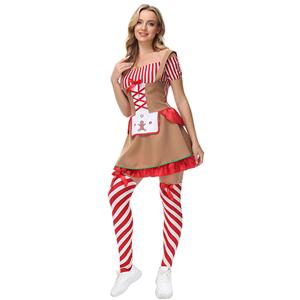 Lovely Santa Girl Red and White Striped Off-shoulder Dress Gingerbread Man Christmas Costume XT21626