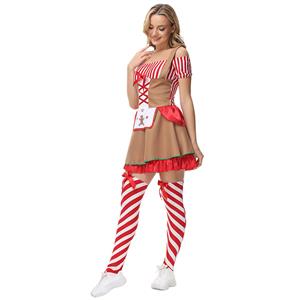 Lovely Santa Girl Red and White Striped Off-shoulder Dress Gingerbread Man Christmas Costume XT21626