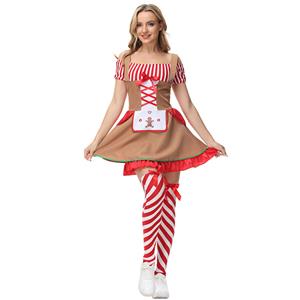 Lovely Santa Girl Red and White Striped Off-shoulder Dress Gingerbread Man Christmas Costume XT21626