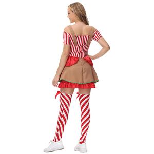 Lovely Santa Girl Red and White Striped Off-shoulder Dress Gingerbread Man Christmas Costume XT21626