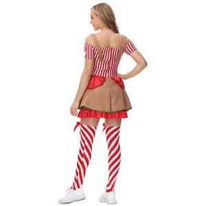 Lovely Santa Girl Red and White Striped Off-shoulder Dress Gingerbread Man Christmas Costume XT21626