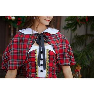 4pcs Cute Santa Girl Plaid Mini Dress With  Lace-up Cloak Christmas Costume XT19999