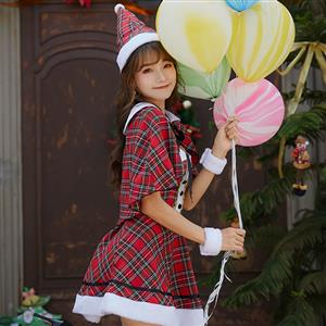 4pcs Cute Santa Girl Plaid Mini Dress With  Lace-up Cloak Christmas Costume XT19999