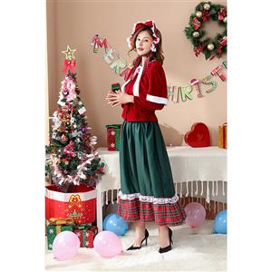 4pcs Cute Santa Girl Velvet Long Sleeve Top And Length Skirt Suit Christmas Costume XT20857