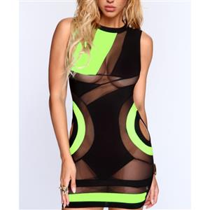 Sexy See-through Mesh Cut-out Color Blocking Clubwear Stretchy Bodycon Wrap Mini Dress N20179