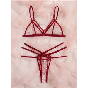 Sexy See-through Mesh Heart Embroidery Strappy Bra and Thong Underwear Lingerie N21980