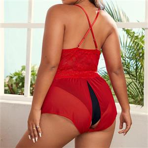 Plus Size Red Sexy See-through Floral Lace Low-bra Bodysuit Teddies Lingerie N22937