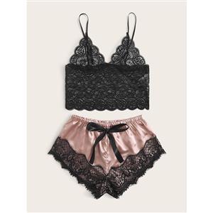 Sexy See-through Lace Spaghetti Straps Top and Soft Imitated Silk Panties Sleepwear Lingerie N22002