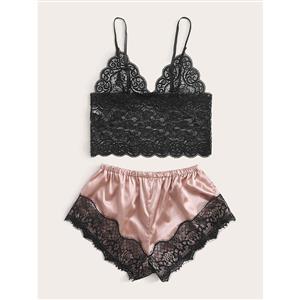 Sexy See-through Lace Spaghetti Straps Top and Soft Imitated Silk Panties Sleepwear Lingerie N22002