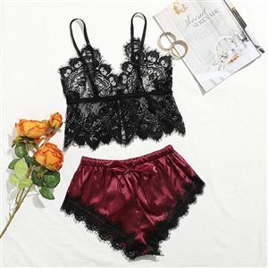 Sexy See-through Lace Spaghetti Straps Top and Smooth Satin Panties Sleepwear Lingerie N22005