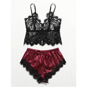 Sexy See-through Lace Spaghetti Straps Top and Smooth Satin Panties Sleepwear Lingerie N22005
