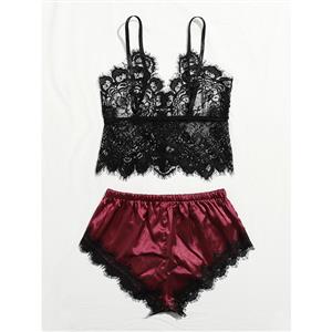 Sexy See-through Lace Spaghetti Straps Top and Smooth Satin Panties Sleepwear Lingerie N22005