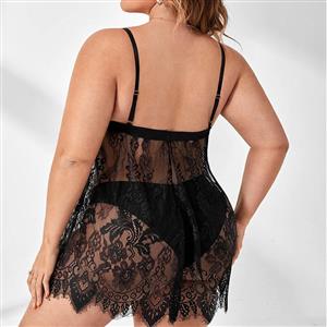 Plus Size Sexy Black See-through Floral Lace Spaghetti Straps V Neck Bodysuit Teddies Lingerie N22428