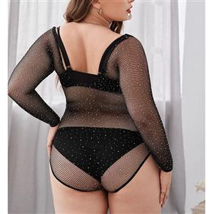 Plus Size Sexy Shining See-through Mesh Long Sleeve One-piece Bodysuit Teddies Lingerie N21801