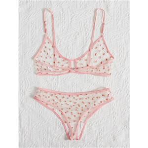 Sexy See-through Mesh Sweetheart Print Spaghetti Straps Bra and Panties Sleepwear Lingerie N21993