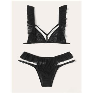 Sexy See-through Mesh Strappy Bralette and Panties Ruffle Trim Sleepwear Lingerie N22001