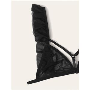 Sexy See-through Mesh Strappy Bralette and Panties Ruffle Trim Sleepwear Lingerie N22001