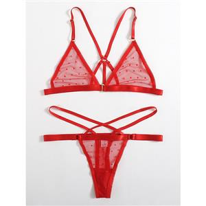 Sexy See-through Mesh Spaghetti Straps Triangle Bra and Strappy Thong Valentines Lingerie N22008