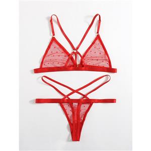 Sexy See-through Mesh Spaghetti Straps Triangle Bra and Strappy Thong Valentines Lingerie N22008