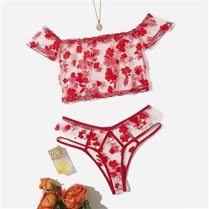 Sexy See-through Mesh Red Floral Embroidery Crop Top and Panties Sleepwear Lingerie N21981