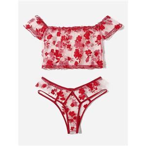 Sexy See-through Mesh Red Floral Embroidery Crop Top and Panties Sleepwear Lingerie N21981