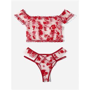 Sexy See-through Mesh Red Floral Embroidery Crop Top and Panties Sleepwear Lingerie N21981