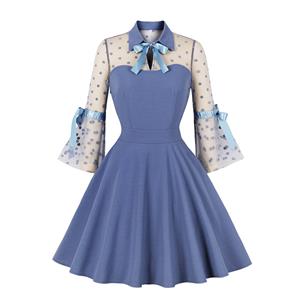 Sexy See-through Mesh Patchwork Lapel Tie Collar Flare Sleeve High Waist Swing Dress N22265