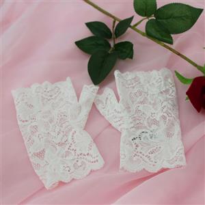 Vintage See-through White Floral Lace Fingerless Gloves Lolita Cosplay Bridal Accessory HG21907
