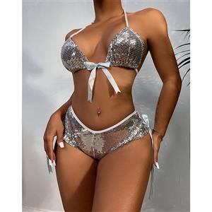 Sexy Sequin Halter Bra and Panties Bowknot Clubwear Pole Dancing Lingerie Set N21698