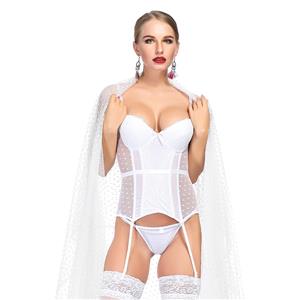 Charming White Sheer Mesh Spaghetti Straps Floral Lace Stretchy Chemise Bridal Bustier Corset N19079