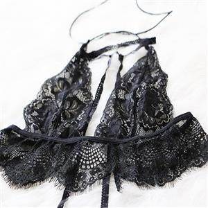 Sexy See-through Lace Floral Thin Straps Hanging Neck Back Buckle Lingerie Set N19365
