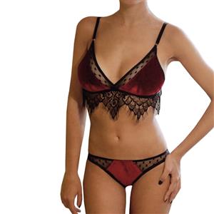 Sexy Red Sheer Floral Lace Thin Shoulder Strap Bra and Panty Suit N19296