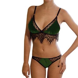 Sexy Green Sheer Floral Lace Thin Shoulder Strap Bra and Panty Suit N19298