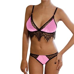 Sexy Pink Sheer Floral Lace Thin Shoulder Strap Bra and Panty Suit N19299