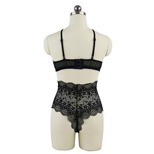Sexy Sheer Floral Lace Wrapped Chest Thin Shoulder Strap Tight Bra and Panty Suit N19330