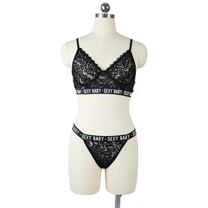 Sexy Sheer Lace Floral Thin Shoulder Strap Stretch Letters Underwear Two Pieces Set N19355