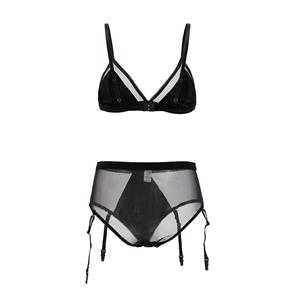 Charming Sheer Mesh Spaghetti Straps Bra and Panty Lingerie with Garters N19169