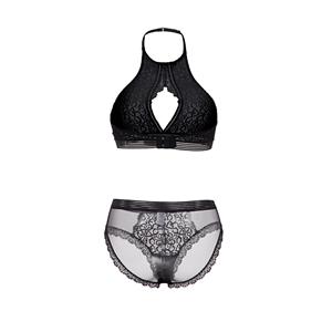 Sexy Sheer Floral Lace Halterneck Cut-out Bra and Panty Stretchy Lingerie Set N19172