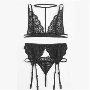 Sexy Lace Lingerie Set, Fashion Lace Bra Set, 3 Piece Strappy Lingerie Sets, Black Bra Set Lingerie, Black Bra and Panty Underwear Set, Black Lace Bra Strappy Set, Sheer Floral Lace Lingerie Set, #N20709