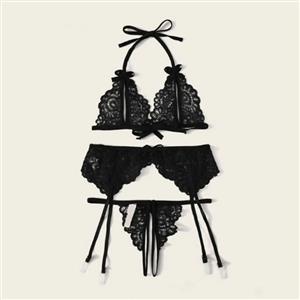 3Pcs Sexy Black Sheer Floral Lace Halter Bowknot Bikini Lingerie Bra Thong Set With Garter N20712